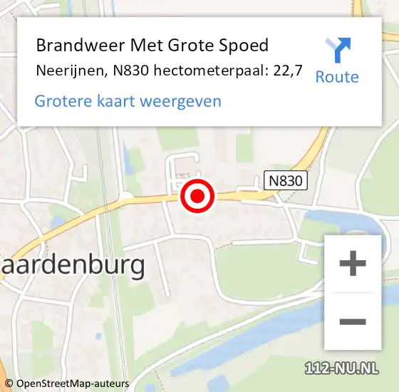 Locatie op kaart van de 112 melding: Brandweer Met Grote Spoed Naar Neerijnen, N830 hectometerpaal: 22,7 op 17 november 2021 14:01