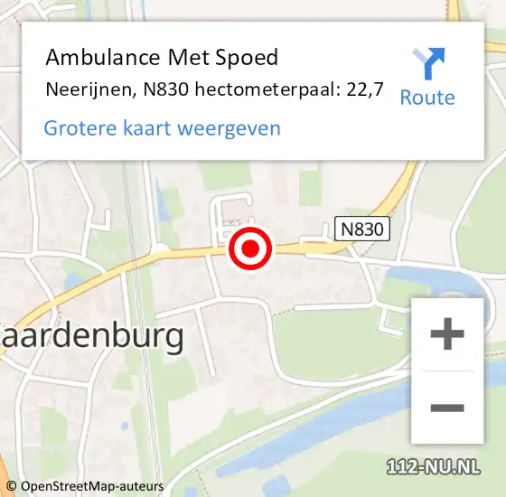 Locatie op kaart van de 112 melding: Ambulance Met Spoed Naar Neerijnen, N830 hectometerpaal: 22,7 op 17 november 2021 14:07