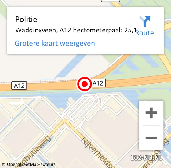 Locatie op kaart van de 112 melding: Politie Waddinxveen, A12 hectometerpaal: 25,1 op 17 november 2021 15:15