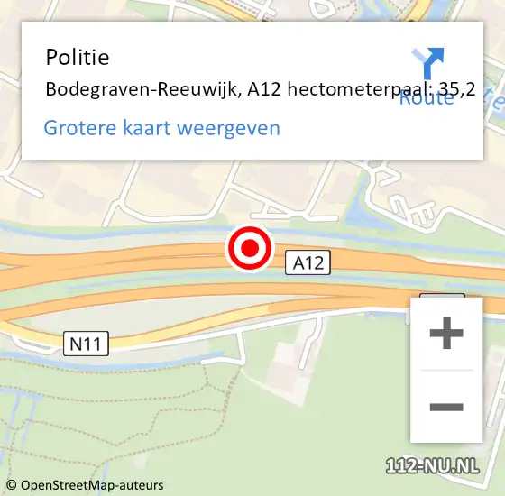 Locatie op kaart van de 112 melding: Politie Bodegraven-Reeuwijk, A12 hectometerpaal: 35,2 op 17 november 2021 15:51