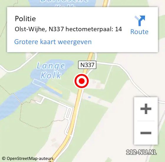 Locatie op kaart van de 112 melding: Politie Olst-Wijhe, N337 hectometerpaal: 14 op 17 november 2021 16:26
