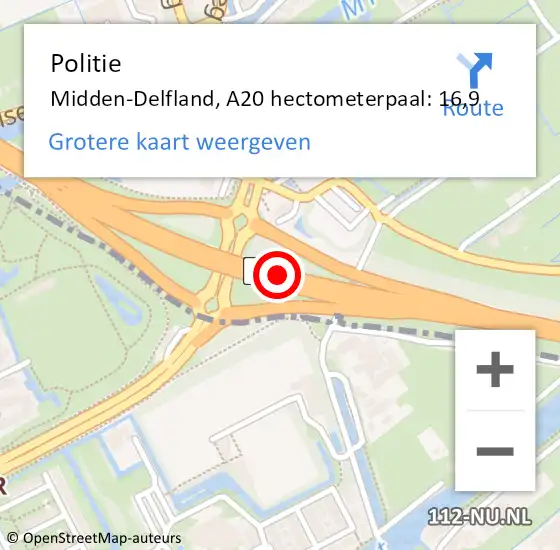 Locatie op kaart van de 112 melding: Politie Midden-Delfland, A20 hectometerpaal: 16,9 op 18 november 2021 04:32