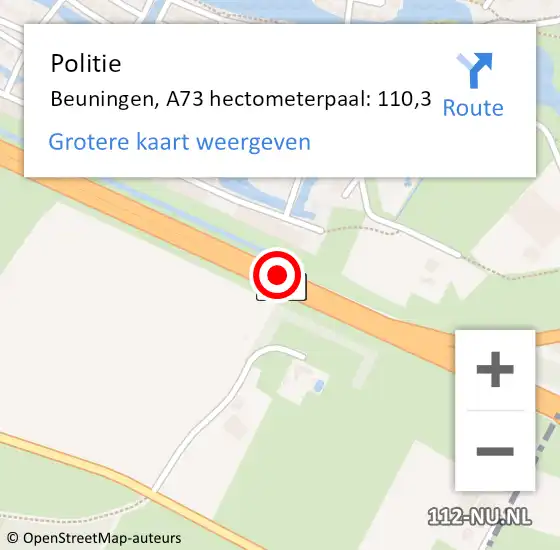 Locatie op kaart van de 112 melding: Politie Beuningen, A73 hectometerpaal: 110,3 op 18 november 2021 07:18