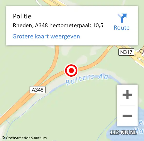 Locatie op kaart van de 112 melding: Politie Rheden, A348 hectometerpaal: 10,5 op 18 november 2021 09:09