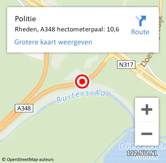 Locatie op kaart van de 112 melding: Politie Rheden, A348 hectometerpaal: 10,6 op 18 november 2021 09:10