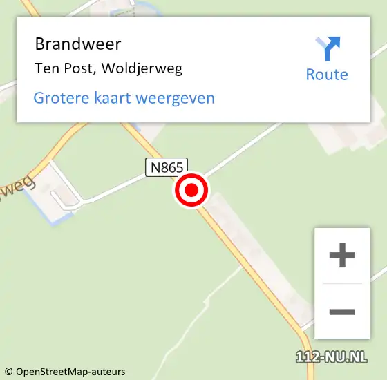 Locatie op kaart van de 112 melding: Brandweer Ten Post, Woldjerweg op 18 november 2021 09:41