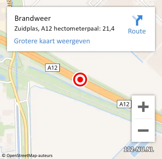 Locatie op kaart van de 112 melding: Brandweer Zuidplas, A12 hectometerpaal: 21,4 op 18 november 2021 11:02