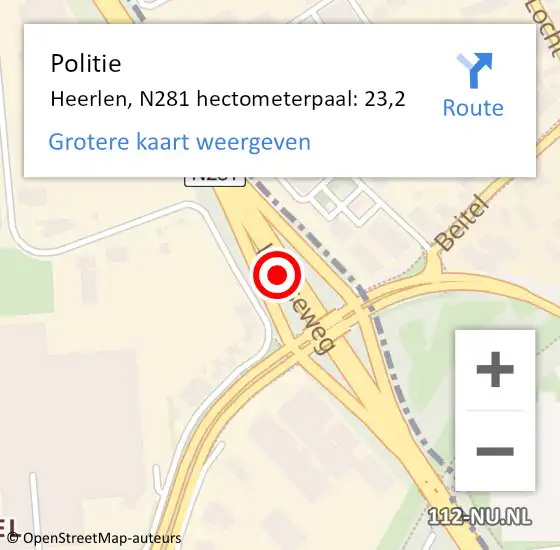 Locatie op kaart van de 112 melding: Politie Heerlen, N281 hectometerpaal: 23,2 op 18 november 2021 11:45