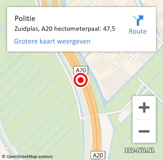 Locatie op kaart van de 112 melding: Politie Zuidplas, A20 hectometerpaal: 47,5 op 18 november 2021 16:02