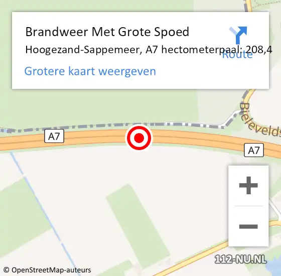 Locatie op kaart van de 112 melding: Brandweer Met Grote Spoed Naar Hoogezand-Sappemeer, A7 hectometerpaal: 208,4 op 18 november 2021 17:24