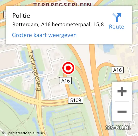 Locatie op kaart van de 112 melding: Politie Rotterdam, A16 hectometerpaal: 15,8 op 18 november 2021 17:30