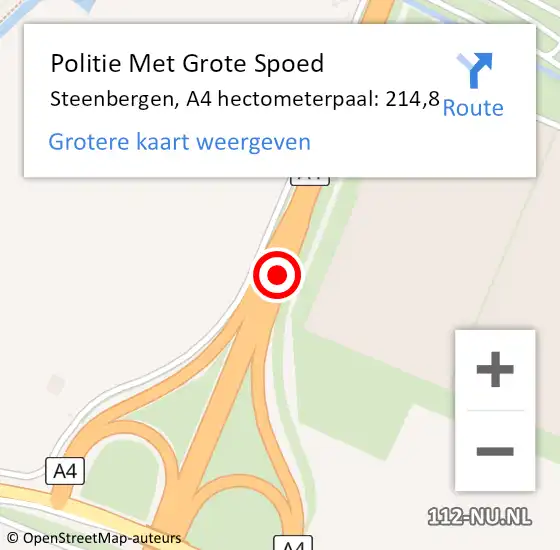 Locatie op kaart van de 112 melding: Politie Met Grote Spoed Naar Steenbergen, A4 hectometerpaal: 214,8 op 18 november 2021 18:04