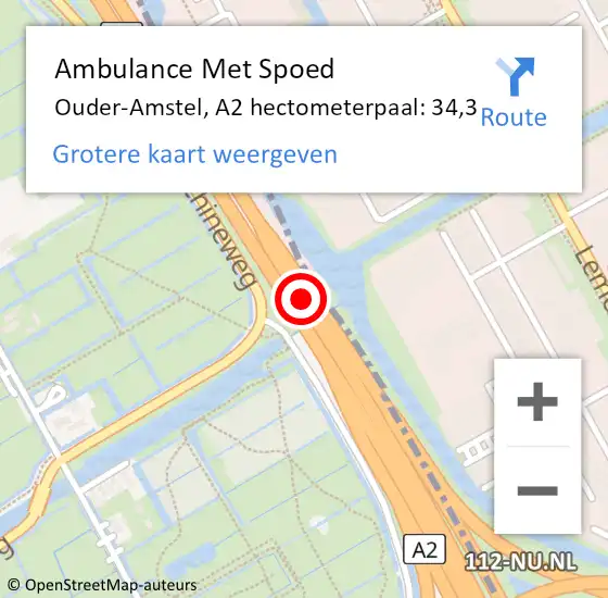 Locatie op kaart van de 112 melding: Ambulance Met Spoed Naar Ouder-Amstel, A2 hectometerpaal: 34,3 op 18 november 2021 18:06