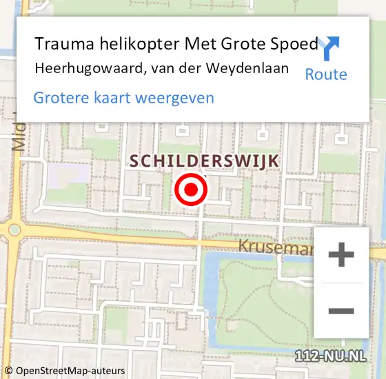 Locatie op kaart van de 112 melding: Trauma helikopter Met Grote Spoed Naar Heerhugowaard, van der Weydenlaan op 18 november 2021 18:35