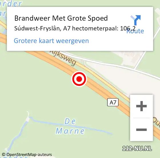 Locatie op kaart van de 112 melding: Brandweer Met Grote Spoed Naar Súdwest-Fryslân, A7 hectometerpaal: 106,2 op 18 november 2021 20:21