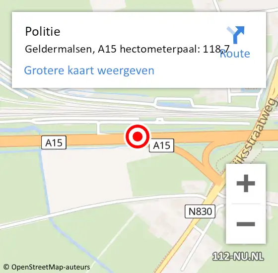 Locatie op kaart van de 112 melding: Politie Geldermalsen, A15 hectometerpaal: 118,7 op 19 november 2021 01:51