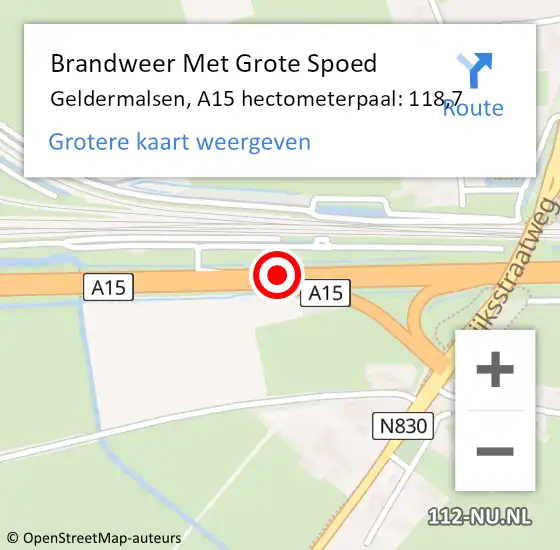 Locatie op kaart van de 112 melding: Brandweer Met Grote Spoed Naar Geldermalsen, A15 hectometerpaal: 118,7 op 19 november 2021 01:52