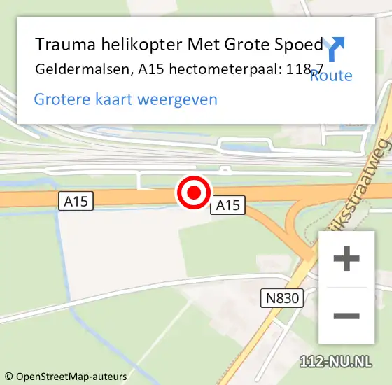 Locatie op kaart van de 112 melding: Trauma helikopter Met Grote Spoed Naar Geldermalsen, A15 hectometerpaal: 118,7 op 19 november 2021 01:55