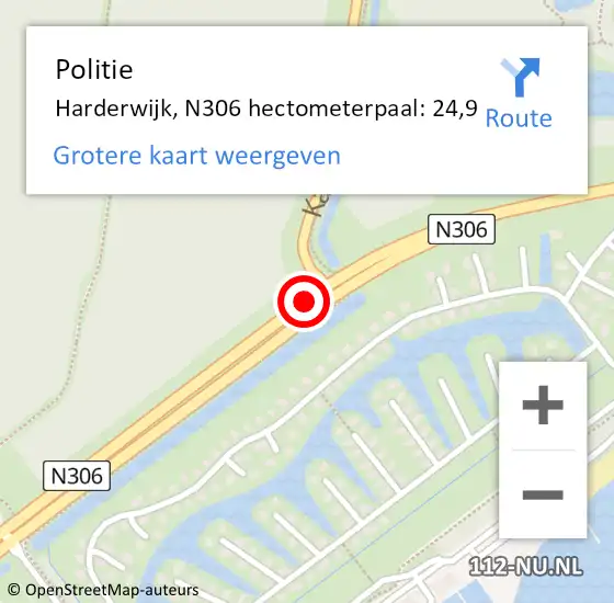 Locatie op kaart van de 112 melding: Politie Harderwijk, N306 hectometerpaal: 24,9 op 19 november 2021 06:55
