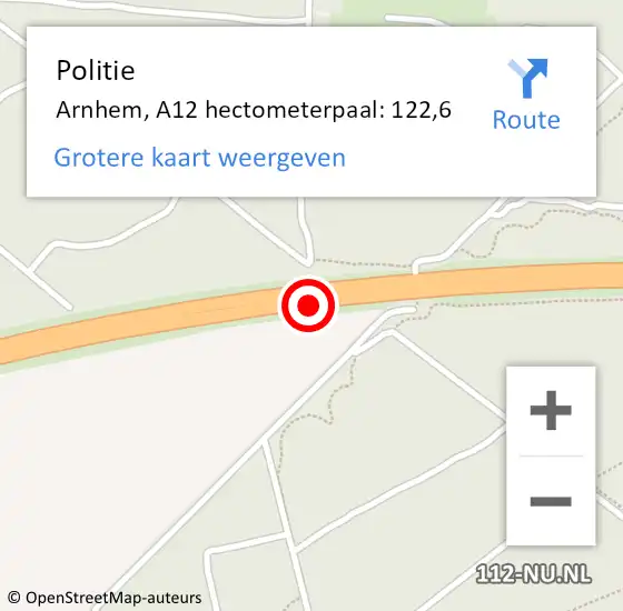 Locatie op kaart van de 112 melding: Politie Arnhem, A12 hectometerpaal: 122,6 op 19 november 2021 07:31