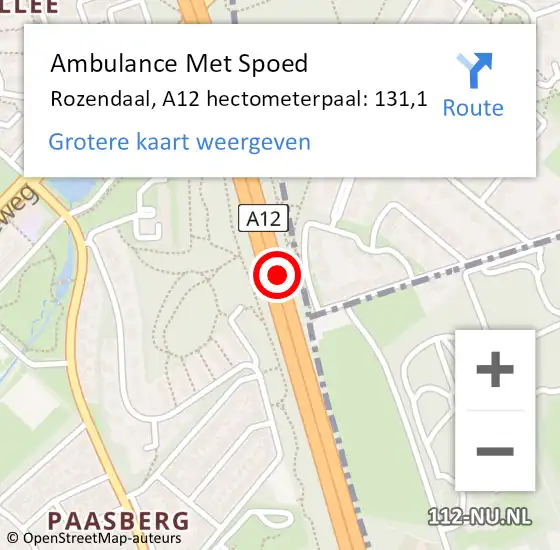 Locatie op kaart van de 112 melding: Ambulance Met Spoed Naar Rozendaal, A12 hectometerpaal: 131,1 op 19 november 2021 13:58