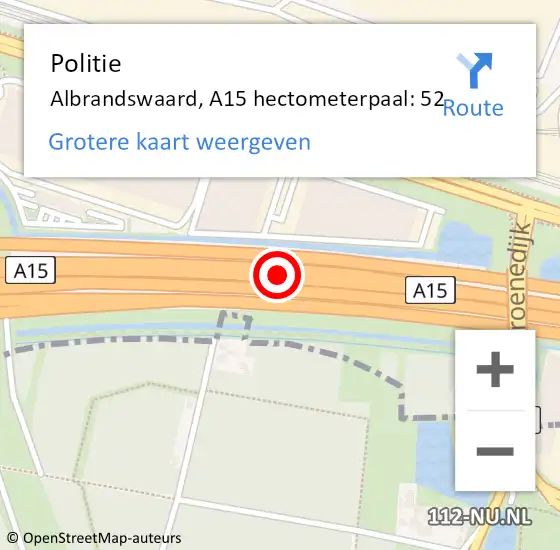 Locatie op kaart van de 112 melding: Politie Albrandswaard, A15 hectometerpaal: 52 op 19 november 2021 14:36