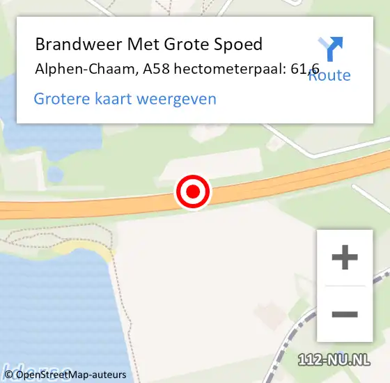 Locatie op kaart van de 112 melding: Brandweer Met Grote Spoed Naar Alphen-Chaam, A58 hectometerpaal: 61,6 op 19 november 2021 15:42