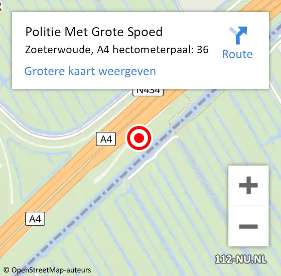 Locatie op kaart van de 112 melding: Politie Met Grote Spoed Naar Zoeterwoude, A4 hectometerpaal: 36 op 19 november 2021 15:59