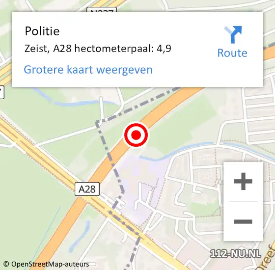 Locatie op kaart van de 112 melding: Politie Zeist, A28 hectometerpaal: 4,9 op 19 november 2021 16:11