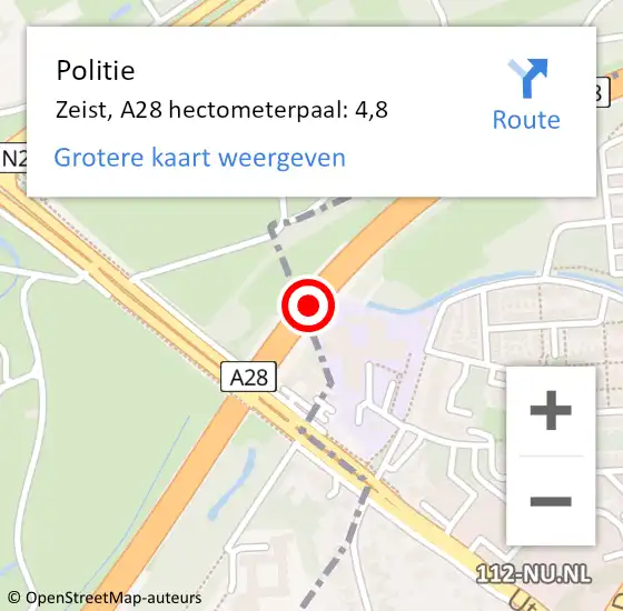 Locatie op kaart van de 112 melding: Politie Zeist, A28 hectometerpaal: 4,8 op 19 november 2021 16:14