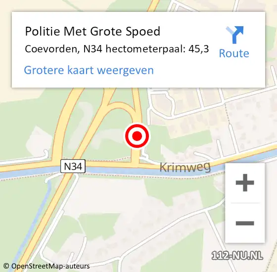 Locatie op kaart van de 112 melding: Politie Met Grote Spoed Naar Coevorden, N34 hectometerpaal: 45,3 op 19 november 2021 17:05