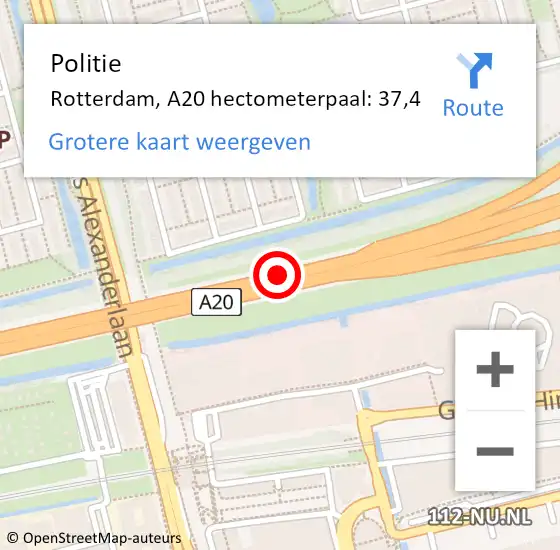 Locatie op kaart van de 112 melding: Politie Rotterdam, A20 hectometerpaal: 37,4 op 19 november 2021 18:01