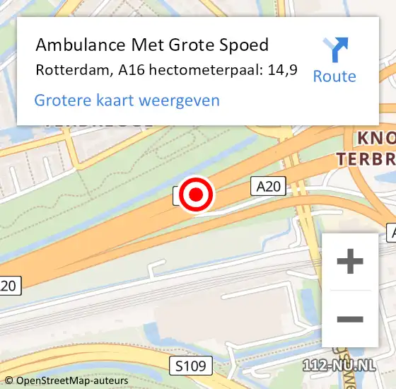 Locatie op kaart van de 112 melding: Ambulance Met Grote Spoed Naar Rotterdam, A16 hectometerpaal: 14,9 op 19 november 2021 18:26
