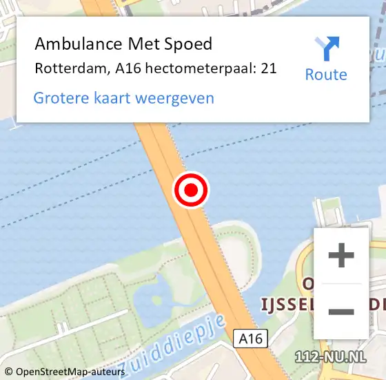 Locatie op kaart van de 112 melding: Ambulance Met Spoed Naar Rotterdam, A16 hectometerpaal: 21 op 19 november 2021 18:35