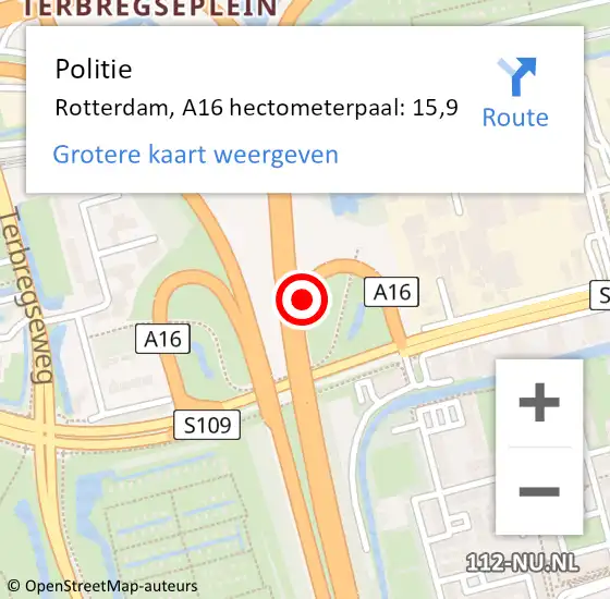 Locatie op kaart van de 112 melding: Politie Rotterdam, A16 hectometerpaal: 15,9 op 19 november 2021 19:00