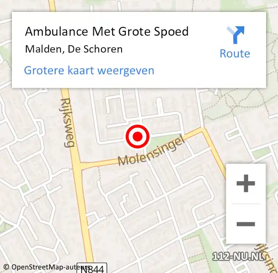 Locatie op kaart van de 112 melding: Ambulance Met Grote Spoed Naar Malden, De Schoren op 19 november 2021 21:10