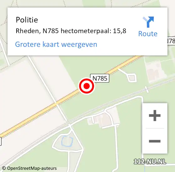 Locatie op kaart van de 112 melding: Politie Rheden, N785 hectometerpaal: 15,8 op 19 november 2021 21:19