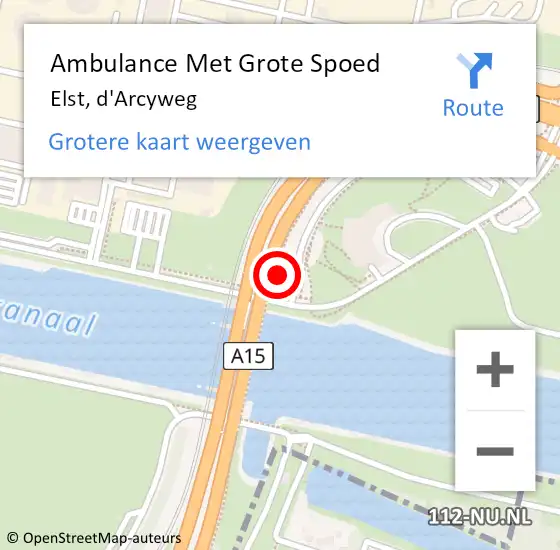 Locatie op kaart van de 112 melding: Ambulance Met Grote Spoed Naar Elst, d'Arcyweg op 19 november 2021 22:07