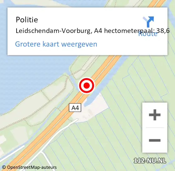 Locatie op kaart van de 112 melding: Politie Leidschendam-Voorburg, A4 hectometerpaal: 38,6 op 19 november 2021 22:35