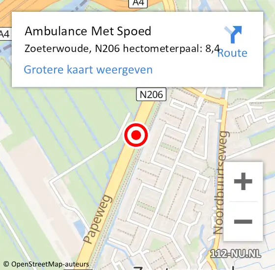 Locatie op kaart van de 112 melding: Ambulance Met Spoed Naar Zoeterwoude, N206 hectometerpaal: 8,4 op 20 november 2021 03:31
