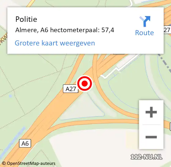 Locatie op kaart van de 112 melding: Politie Almere, A6 hectometerpaal: 57,4 op 20 november 2021 08:01