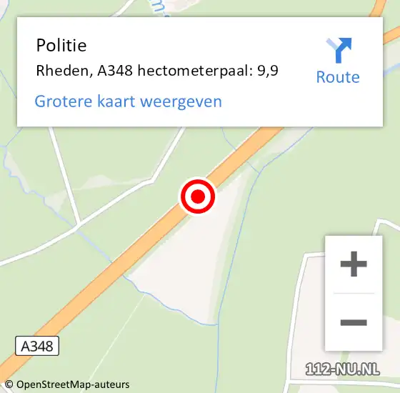 Locatie op kaart van de 112 melding: Politie Rheden, A348 hectometerpaal: 9,9 op 20 november 2021 09:22