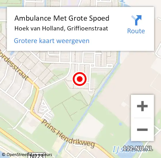 Locatie op kaart van de 112 melding: Ambulance Met Grote Spoed Naar Hoek van Holland, Griffioenstraat op 20 november 2021 09:45