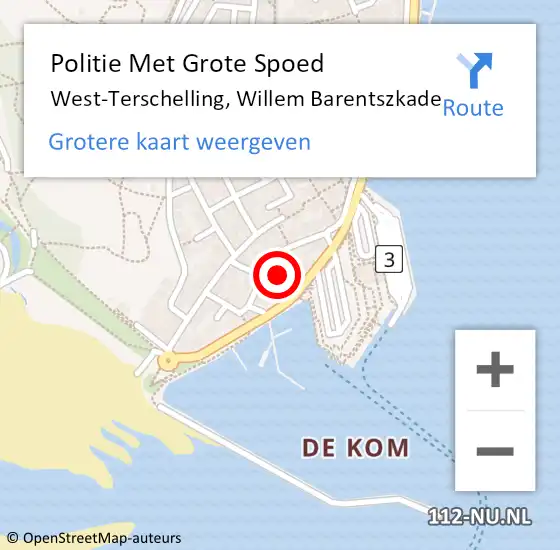 Locatie op kaart van de 112 melding: Politie Met Grote Spoed Naar West-Terschelling, Willem Barentszkade op 20 november 2021 11:15
