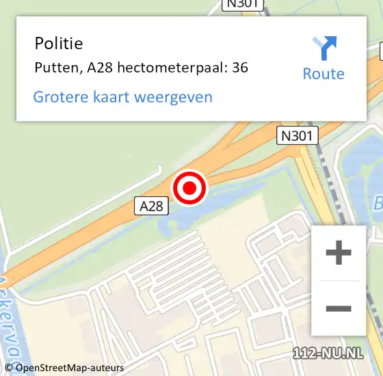 Locatie op kaart van de 112 melding: Politie Putten, A28 hectometerpaal: 36 op 20 november 2021 13:48