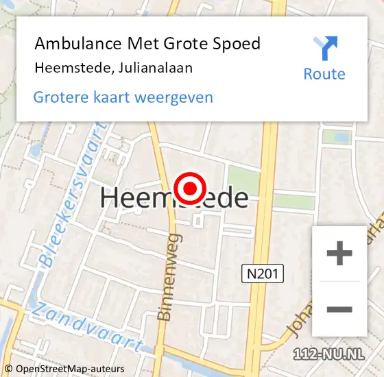 Locatie op kaart van de 112 melding: Ambulance Met Grote Spoed Naar Heemstede, Julianalaan op 20 november 2021 14:01