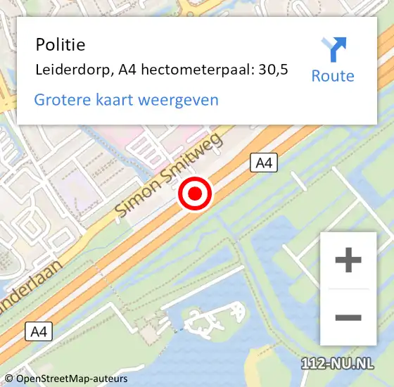 Locatie op kaart van de 112 melding: Politie Leiderdorp, A4 hectometerpaal: 30,5 op 20 november 2021 15:32