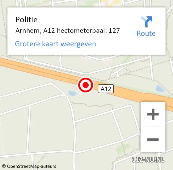 Locatie op kaart van de 112 melding: Politie Arnhem, A12 hectometerpaal: 127 op 20 november 2021 17:16