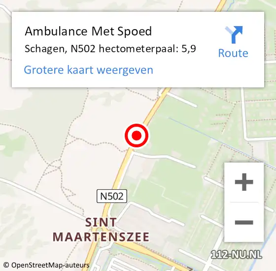 Locatie op kaart van de 112 melding: Ambulance Met Spoed Naar Schagen, N502 hectometerpaal: 5,9 op 20 november 2021 19:13