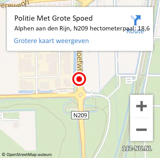 Locatie op kaart van de 112 melding: Politie Met Grote Spoed Naar Alphen aan den Rijn, N209 hectometerpaal: 18,6 op 20 november 2021 20:18